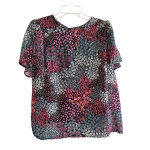 Bohme Floral Patchwork Clip Dot Blouse Short Flutter Sleeve Multi Color M Fairy
